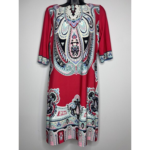 Sandra Darren Women's Red Multicolor Paisley 3/4 Sleeve Shift Dress Size 6 - Picture 1 of 10